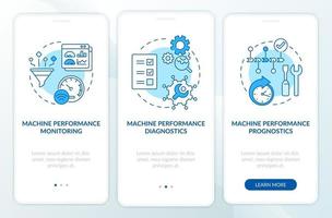 Digital twin tasks onboarding mobile app page screen. Machine diagnostic monitoring walkthrough 3 steps graphic instructions with concepts. UI, UX, GUI vector template with linear color illustrations