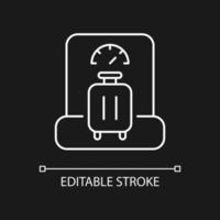 Baggage weight white linear icon for dark theme. Luggage weighing in airport. Suitcase check. Thin line customizable illustration. Isolated vector contour symbol for night mode. Editable stroke