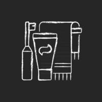 Brushing teeth chalk white icon on dark background. Toothpaste and paste in bathroom. Towel for personal cleanliness, hygiene. Everyday bath routine. Isolated vector chalkboard illustration on black