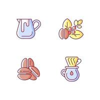 Coffee preparation RGB color icons set. Milk pitcher for barista. Raw beans. Roasted arabica. Drip with filter. Isolated vector illustrations. Espresso making simple filled line drawings collection