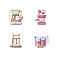 Coffee shop machine RGB color icons set. Bean grinder, commercial mill for processing. Professional drip machine. Isolated vector illustrations. Espresso making simple filled line drawings collection