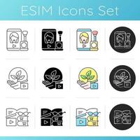 Video online icons set. Make up vlog, beauty tutorial. Environmental awareness videography. Book review. Videography production. Linear, black and RGB color styles. Isolated vector illustrations