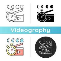 Time lapse videos icon. Shooting footage over night. Clock with time passing for filmmaking. Stop motion picture. Videography. Linear black and RGB color styles. Isolated vector illustrations