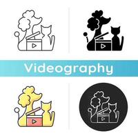 Pet videos icon. Online content with domestic animals. Cats and dogs vlog. Filmmaking for wildlife channel. Videography. Linear black and RGB color styles. Isolated vector illustrations