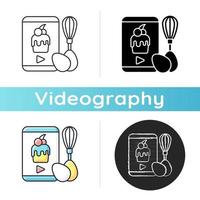 Cooking video icon. Culinary courses online. Cookery school for learning remotely. Preparing food on social media vlog. Videography. Linear black and RGB color styles. Isolated vector illustrations