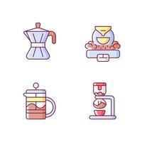 Coffee making appliance RGB color icons set. Moka pot. Professional commercial roaster for beans. French press. Isolated vector illustrations. Espresso making simple filled line drawings collection