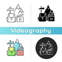 Travel videography icon. Shooting footage for traveler blog. Recording adventures for film. Tourism industry. Videography. Linear black and RGB color styles. Isolated vector illustrations