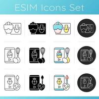 Video content icons set. VR headset. Virtual reality innovative experience. Cooking class remotely. Distant art school. Linear, black and RGB color styles. Isolated vector illustrations