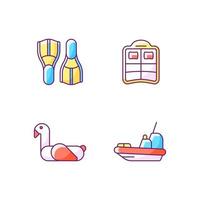 Summer vacations RGB color icons set. Swimfins. Double pool float. Children swim ring. Rescue boat. Diving fins. Isolated vector illustrations. Dual air mattress simple filled line drawings collection