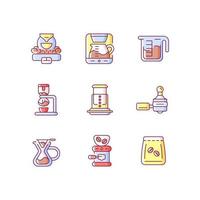 Coffee shop appliance RGB color icons set. Professional roaster for processing beans. Espresso machine for cafe. Isolated vector illustrations. Espresso making simple filled line drawings collection