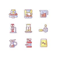 Coffee shop appliance RGB color icons set. Professional roaster for processing beans. Espresso machine for cafe. Isolated vector illustrations. Espresso making simple filled line drawings collection