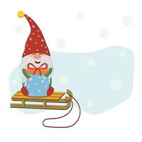funny gnome with a gift on a sled for Christmas, vector isolated illustration in flat style
