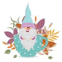 a cheerful dwarf sits in a mug with a warm drink on the background of autumn leaves, vector isolated illustration