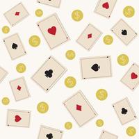 Pattern of playing cards with gold coins on a white background, color vector illustration