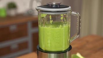 Blender Smoothie green colour macro view, cooking in slow motion