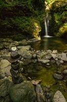 Piedras apiladas y flores en frente de una cascada en las montañas de los Cárpatos que fluye de un barranco tallado en piedra y cubierto de musgo foto