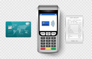 máquina de pago, terminal postal con recibo de efectivo y tarjeta de crédito aislada sobre fondo transparente, ilustración vectorial vector