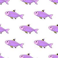 Happy fish. Colored seamless pattern with cute cartoon character. Simple flat vector illustration isolated on white background. Design wallpaper, fabric, wrapping paper, covers, websites.