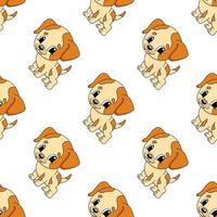 Happy dog. Colored seamless pattern with cute cartoon character. Simple flat vector illustration isolated on white background. Design wallpaper, fabric, wrapping paper, covers, websites.