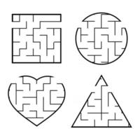 A set of easy mazes. Circle, square, triangle, heart. Game for kids. Puzzle for children. One entrances, one exit. Labyrinth conundrum. Flat vector illustration isolated on white background.