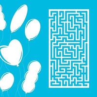 Color rectangular maze. Game for kids. Puzzle for children. Labyrinth conundrum. Flat vector illustration isolated on color festive background with balloons.