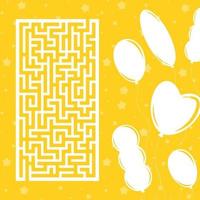 Color rectangular maze. Game for kids. Puzzle for children. Labyrinth conundrum. Flat vector illustration isolated on color festive background with balloons.