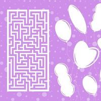 Color rectangular maze. Game for kids. Puzzle for children. Labyrinth conundrum. Flat vector illustration isolated on color festive background with balloons.