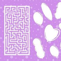 Color rectangular maze. Game for kids. Puzzle for children. Labyrinth conundrum. Flat vector illustration isolated on color festive background with balloons.