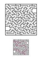 Abstract square maze. Game for kids. Puzzle for children. One entrances, one exit. Labyrinth conundrum. Simple flat vector illustration isolated on white background. With answer.