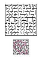 Abstract square maze. Game for kids. Puzzle for children. One entrances, one exit. Labyrinth conundrum. Simple flat vector illustration isolated on white background. With answer.