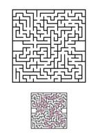 Abstract square maze. Game for kids. Puzzle for children. One entrances, one exit. Labyrinth conundrum. Simple flat vector illustration isolated on white background. With answer.