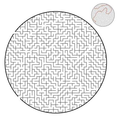 Difficult round labyrinth. Game for kids and adults. Puzzle for children. Labyrinth conundrum. Flat vector illustration isolated on white background. With answer.