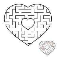 Abstract heart shaped labyrinth. Game for kids and adults. Puzzle for children. Labyrinth conundrum. Flat vector illustration isolated on white background. Love search concept. With answer.