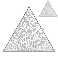 Difficult triangular labyrinth. Game for kids and adults. Puzzle for children. One entrance, one exit. Labyrinth conundrum. Flat vector illustration isolated on white background. With answer.