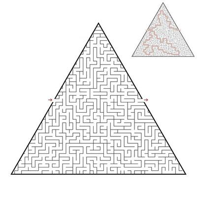 Difficult triangular labyrinth. Game for kids and adults. Puzzle for children. One entrance, one exit. Labyrinth conundrum. Flat vector illustration isolated on white background. With answer.