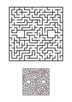 Abstract square maze. Game for kids. Puzzle for children. One entrances, one exit. Labyrinth conundrum. Simple flat vector illustration isolated on white background. With answer.