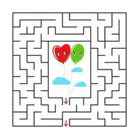 Abstract square maze with a cute color cartoon character. Flying colored balloons. An interesting and useful game for children. Simple flat vector illustration isolated on white background.