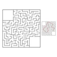 Abstract square maze. Game for kids. Puzzle for children. One entrance, one exit. Labyrinth conundrum. Flat vector illustration isolated on white background. With answer.