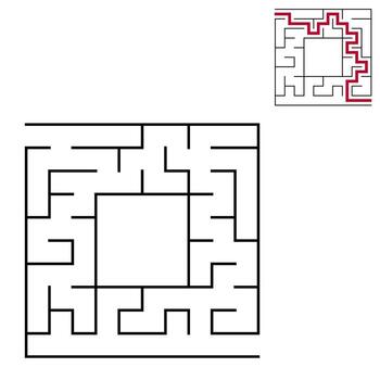 Black square maze with entrance and exit. An interesting and useful game for children. Simple flat vector illustration isolated on white background. With a place for your drawings. With the answer.