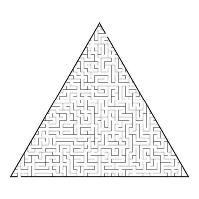 Difficult triangular labyrinth. Game for kids and adults. Puzzle for children. One entrance, one exit. Labyrinth conundrum. Flat vector illustration isolated on white background.