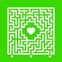 Abstract white square maze. Find the right path to the heart. Labyrinth conundrum. Love search concept. Flat vector illustration isolated on color background.