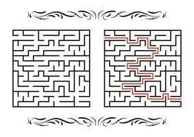 Abstract square maze. Game for kids. Puzzle for children. One entrance, one exit. Labyrinth conundrum. Flat vector illustration isolated on white background. With answer. With a vintage border