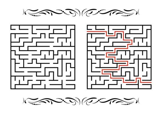 Abstract square maze. Game for kids. Puzzle for children. One entrance, one exit. Labyrinth conundrum. Flat vector illustration isolated on white background. With answer. With a vintage border