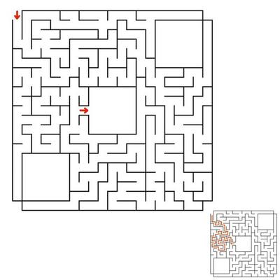 Abstract square maze. Game for kids. Puzzle for children. Labyrinth conundrum. Flat vector illustration isolated on white background. With answer. With place for your image.