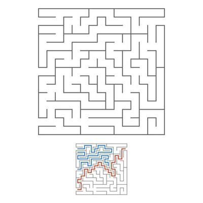 Abstract square maze. Game for kids. Puzzle for children. Labyrinth conundrum. Black flat vector illustration isolated on white background. With answer.