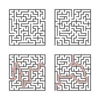 A set of square mazes. Game for kids. Puzzle for children. Labyrinth conundrum. Flat vector illustration isolated on white background. With answer.