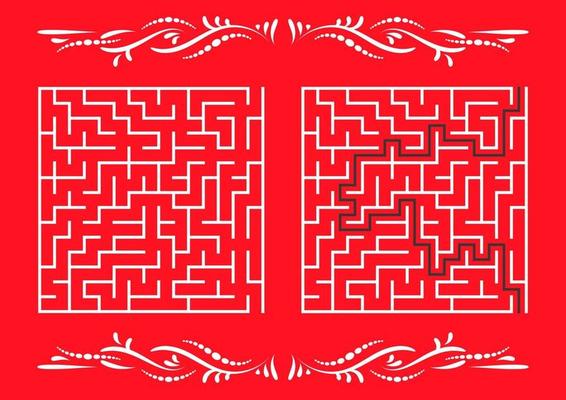 Abstract square maze. Game for kids. Puzzle for children. One entrance, one exit. Labyrinth conundrum. Flat vector illustration isolated on color background. With answer. With a vintage border