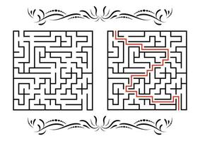 Abstract square maze. Game for kids. Puzzle for children. One entrance, one exit. Labyrinth conundrum. Flat vector illustration isolated on white background. With answer. With a vintage border