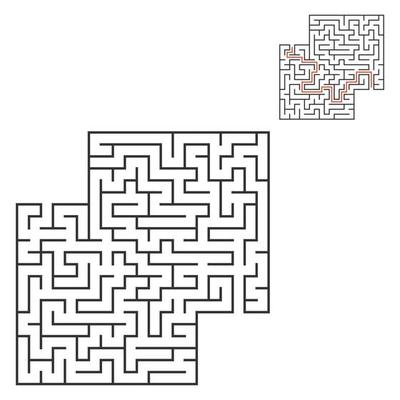 Abstract square maze. Game for kids. Puzzle for children. Labyrinth conundrum. Flat vector illustration isolated on white background. With answer. With place for your image.