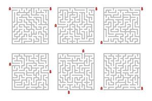 A set of square mazes. Game for kids. Puzzle for children. Labyrinth conundrum. Flat vector illustration isolated on white background.